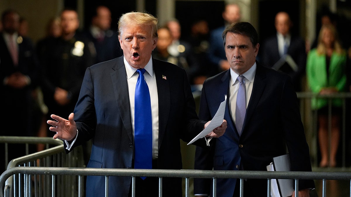 Donald Trump speaks to members of the media at Manhattan Criminal Court