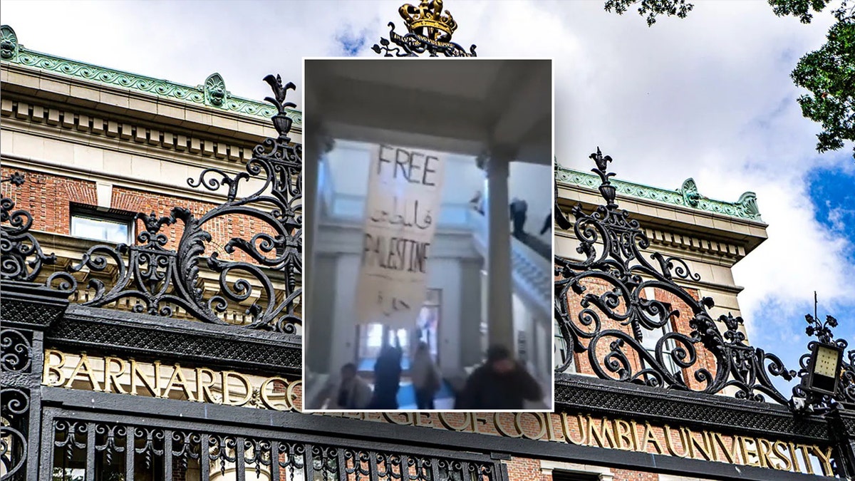 Barnard College gate, main image; center inset: a free Palestine sign