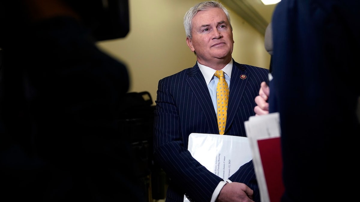 House Oversight Committee Chairman Rep. James Comer (R-KY) talks to reporters before a House Oversight Committee hearing. (Photo by Al Drago/Getty Images)