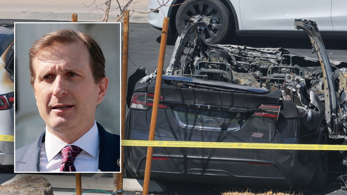 Left: Rep. Dan Goldman; Right: Burned Tesla vehicle