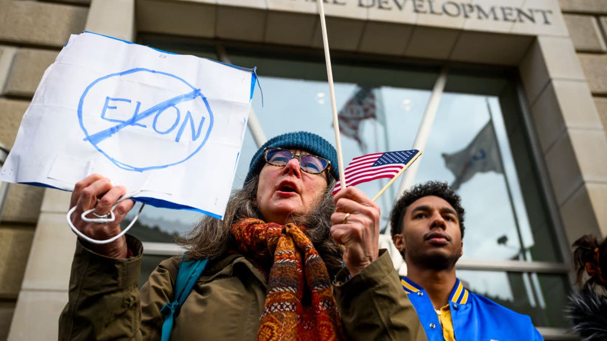 Protester holding up an anti-Elon Musk sign