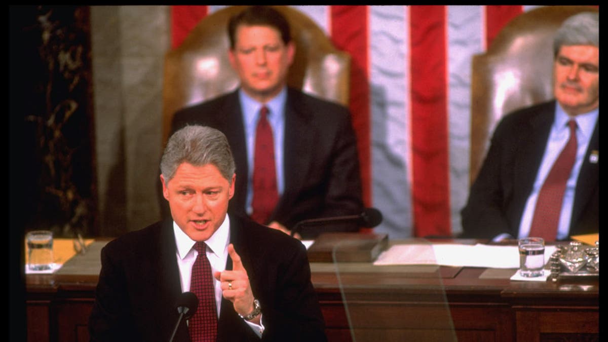 Then-President Bill Clinton delivering his State of Union address, framed by Vice President Al Gore, left, and House Speaker Newt Gingrich, on Capitol Hill.