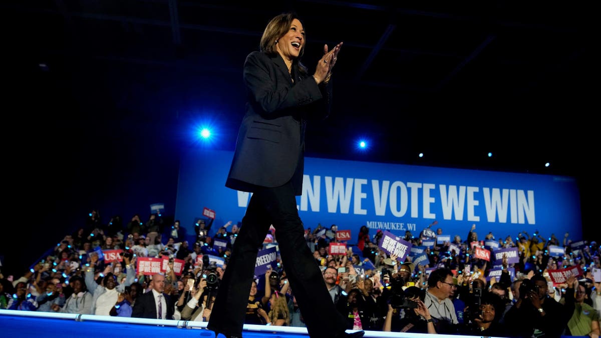 Democratic presidential nominee Vice President Kamala Harris arrives to speak during a campaign rally at the Wisconsin State Fair Expo in West Allis, Wis., Friday, Nov. 1, 2024. (AP Photo/Jacquelyn Martin)