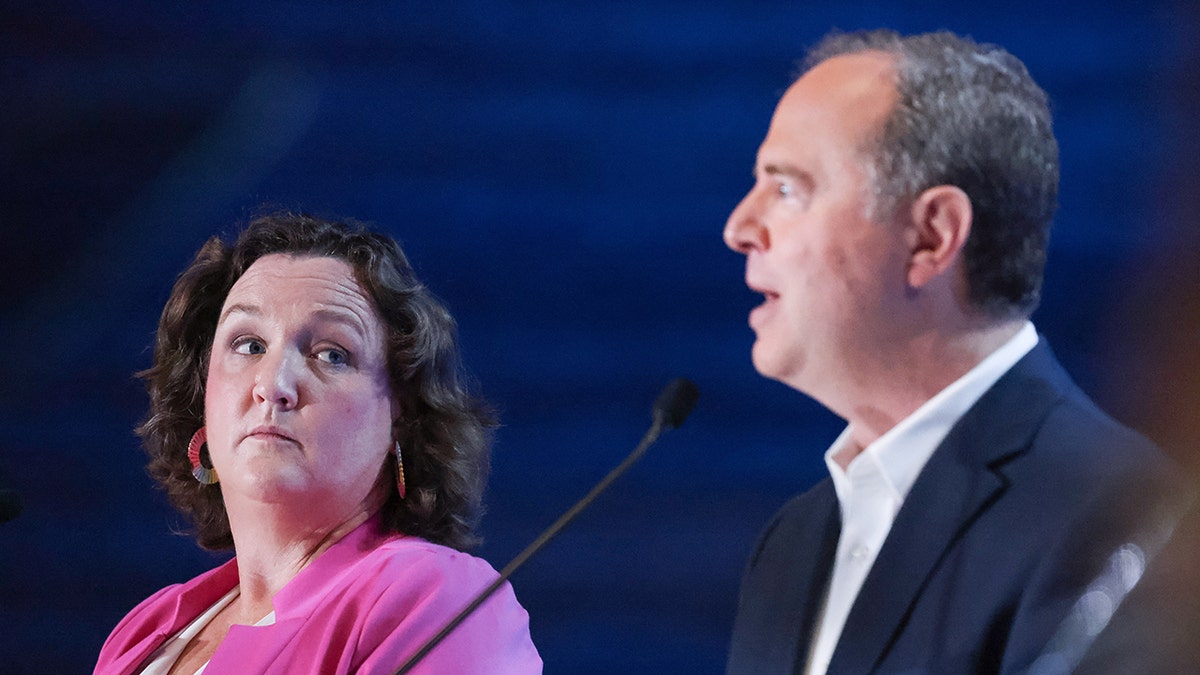 Katie Porter and Adam Schiff participate in a senatorial debate.