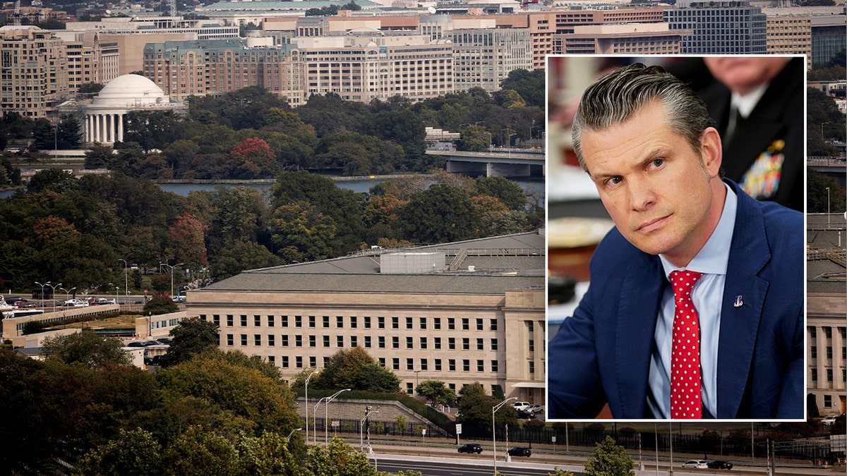 Defense Secretary Pete Hegseth inset over Pentagon