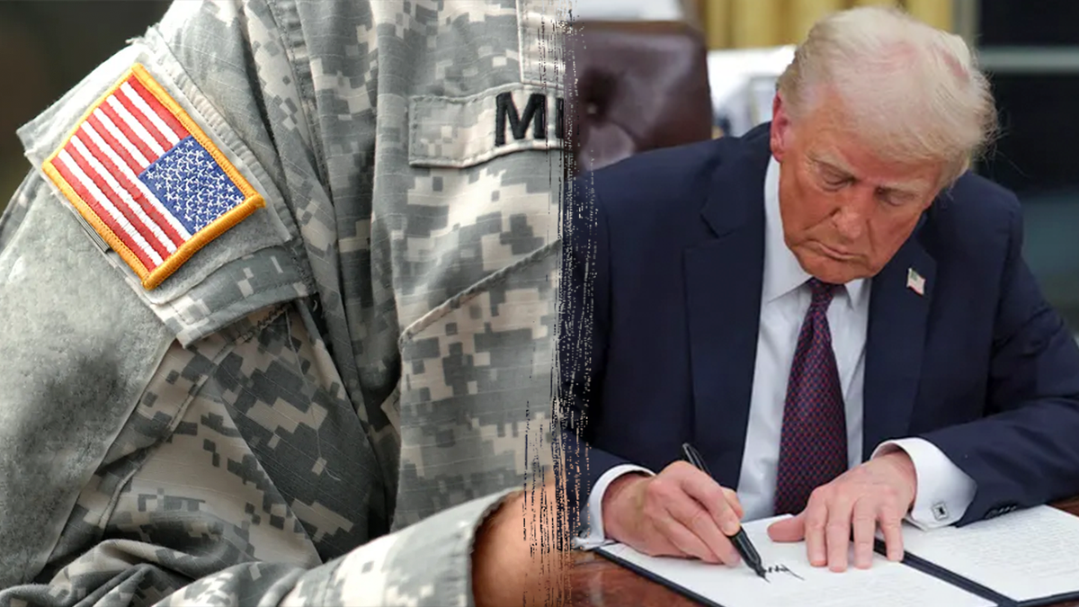 soldier in uniform and President Trump signing executive order