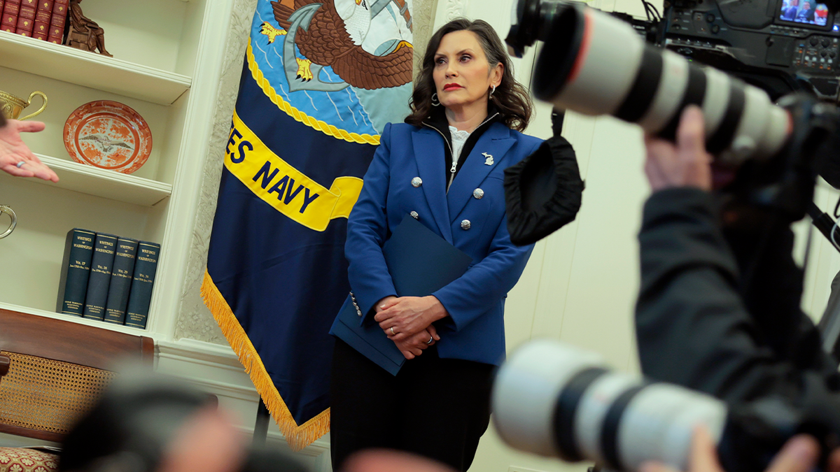 Michigan Gov. Gretchen Whitmer is shown in the Oval Office on April 9, 2025.