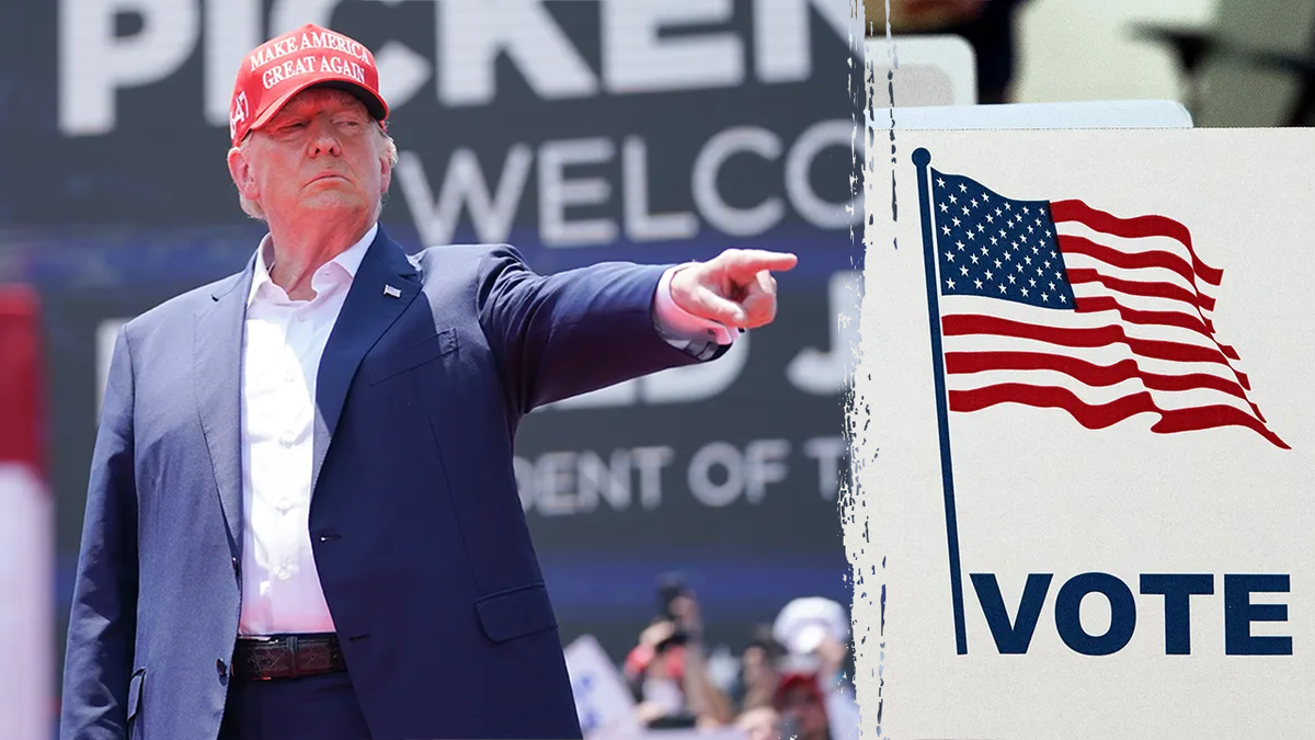 Trump pointing, left; vote sign, right
