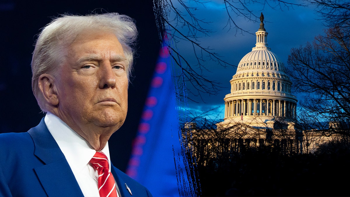 Trump closeup shot, left; US Capitol, right