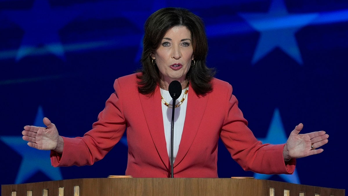 Hochul in red jacket at DNC closeup shot speaking
