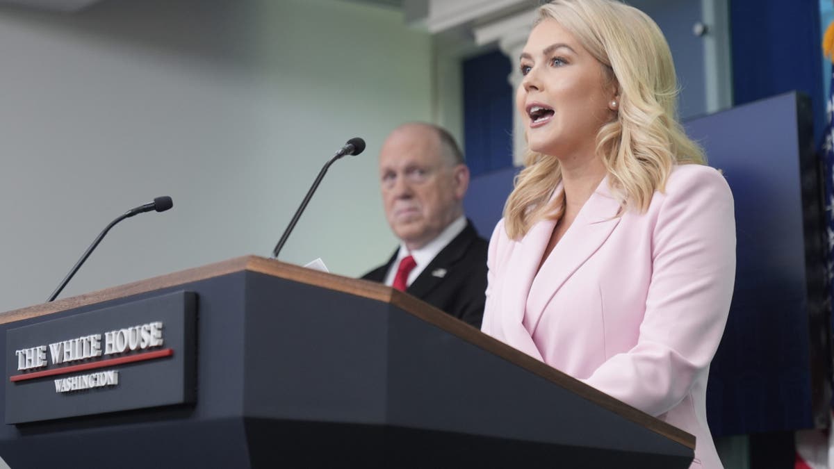 Press secretary Karoline Leavitt, with border czar Tom Homan, speaks with reporters at the White House, Monday, April 28, 2025.