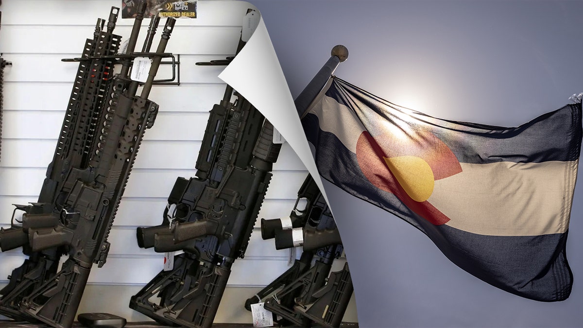 guns on display, left; right: Colorado flag