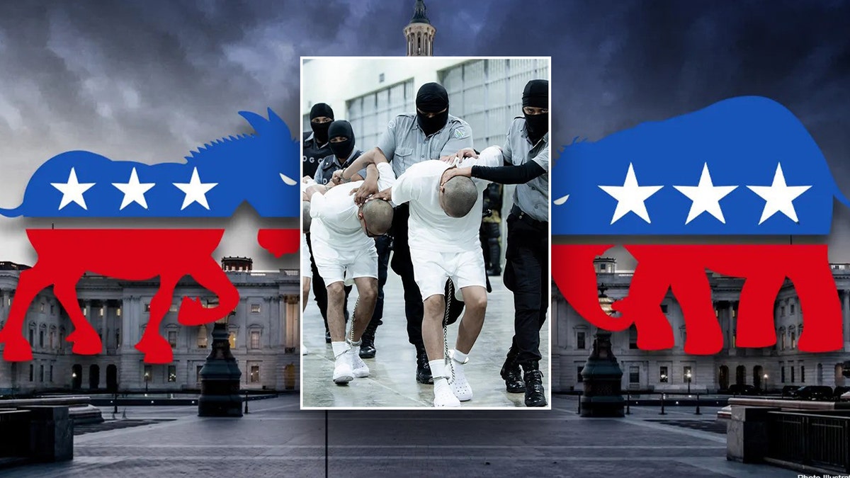 inset: detainees at Salvadoran prison; main image: Democrat, GOP logos