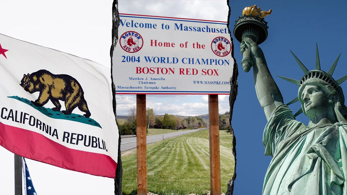 Images representing California, New York and Massachusetts
