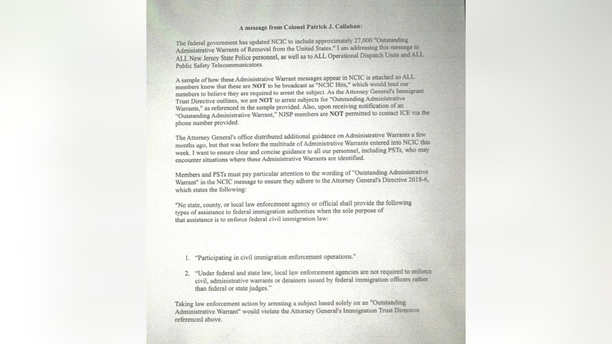 Message sent by New Jersey State Police Superintendent Col. Patrick J. Callahan on immigration policies obtained by Fox News Digital.