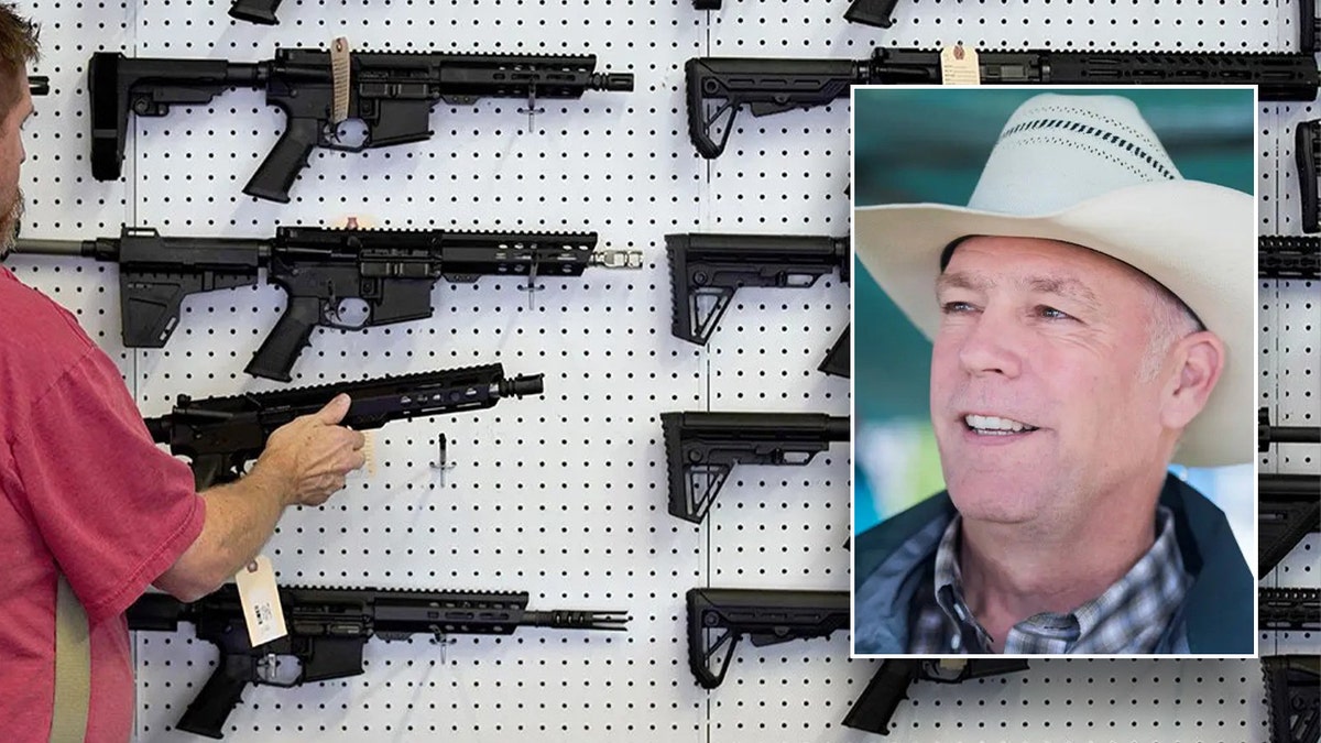 guns on display wall; right inset: Gov. Gianforte of Montana