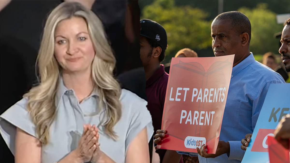 January Littlejohn, left; protesters, right