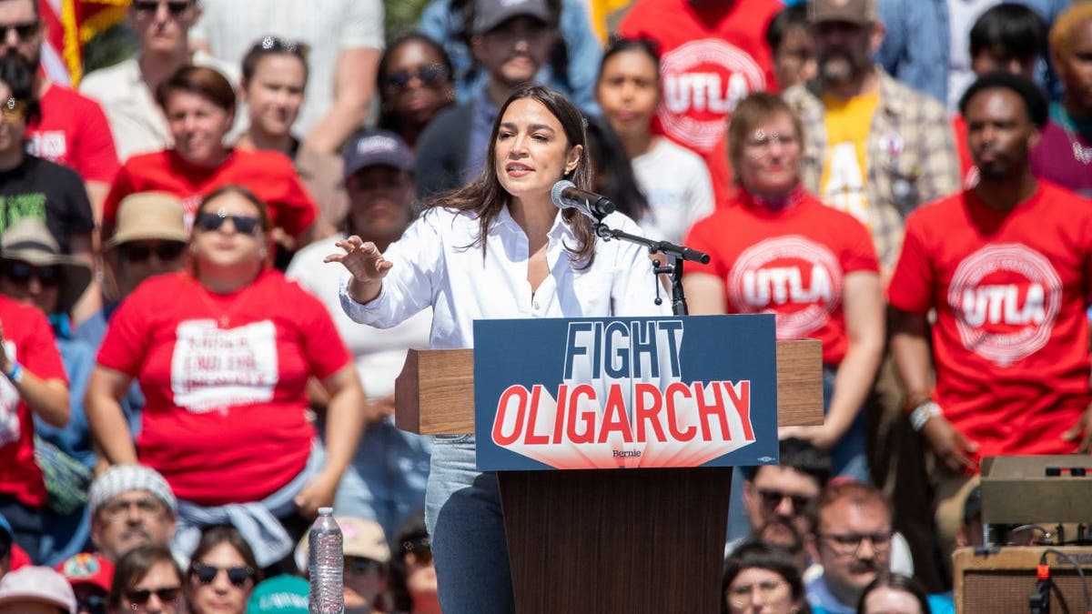 .S. Rep. Alexandria Ocasio-Cortez addresses a crowd at a "Fight Oligarchy" rally