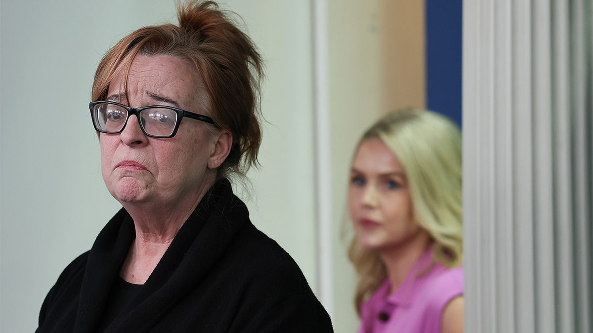  Patty Morin (L), mother of Rachel Morin, speaks as White House Press Secretary Karoline Leavitt looks on during a daily press briefing in the Brady Press Briefing Room at the White House on April 16, 2025 in Washington, DC. 