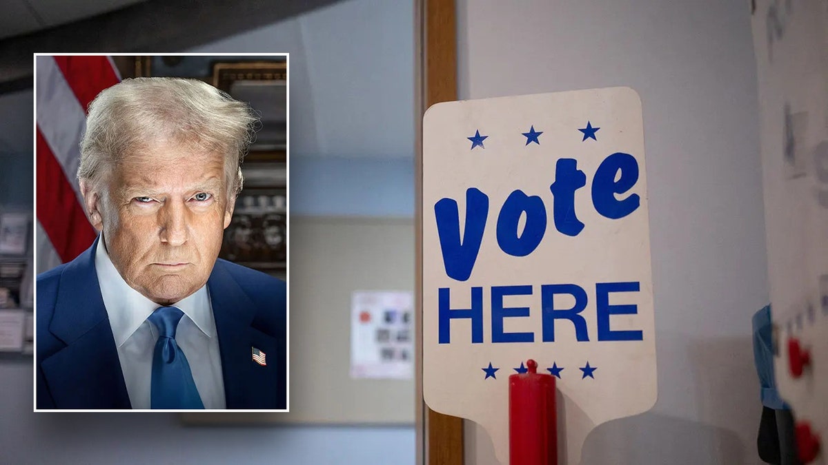 Trump inset; vote here sign