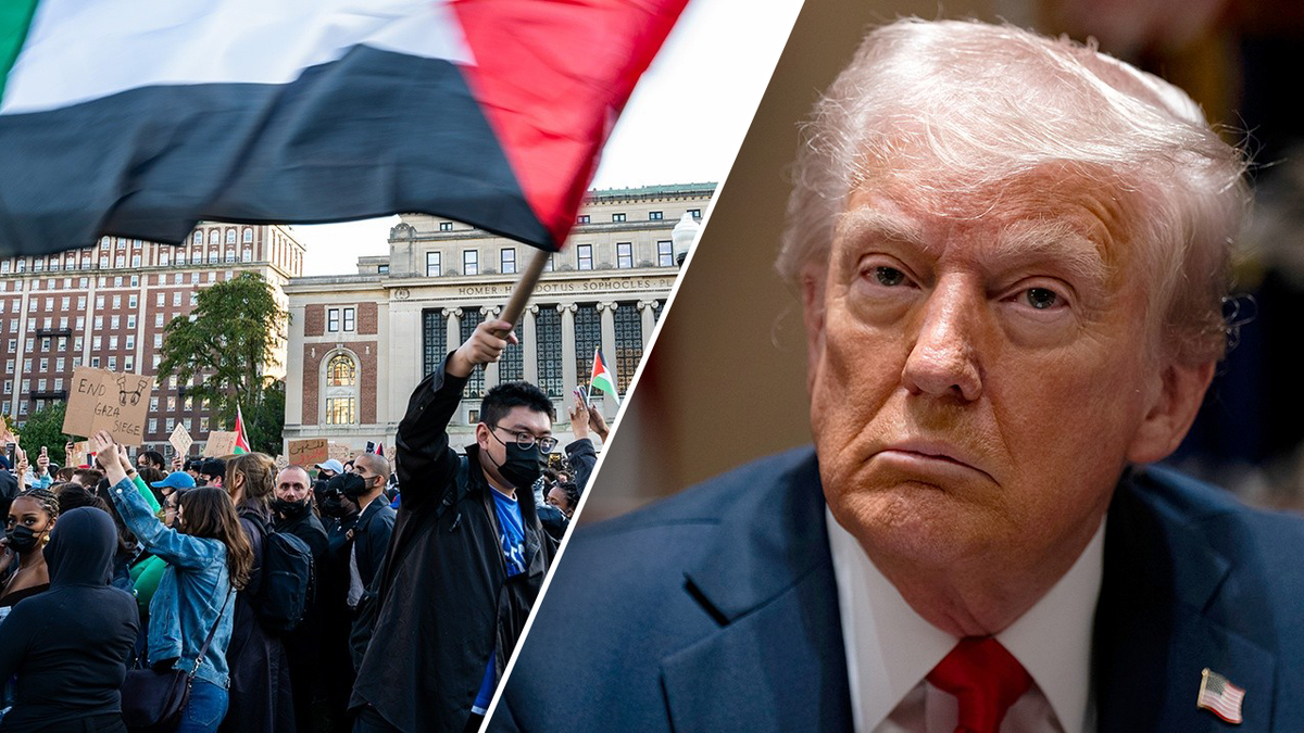 Trump at right; left: pro-palestinian protest