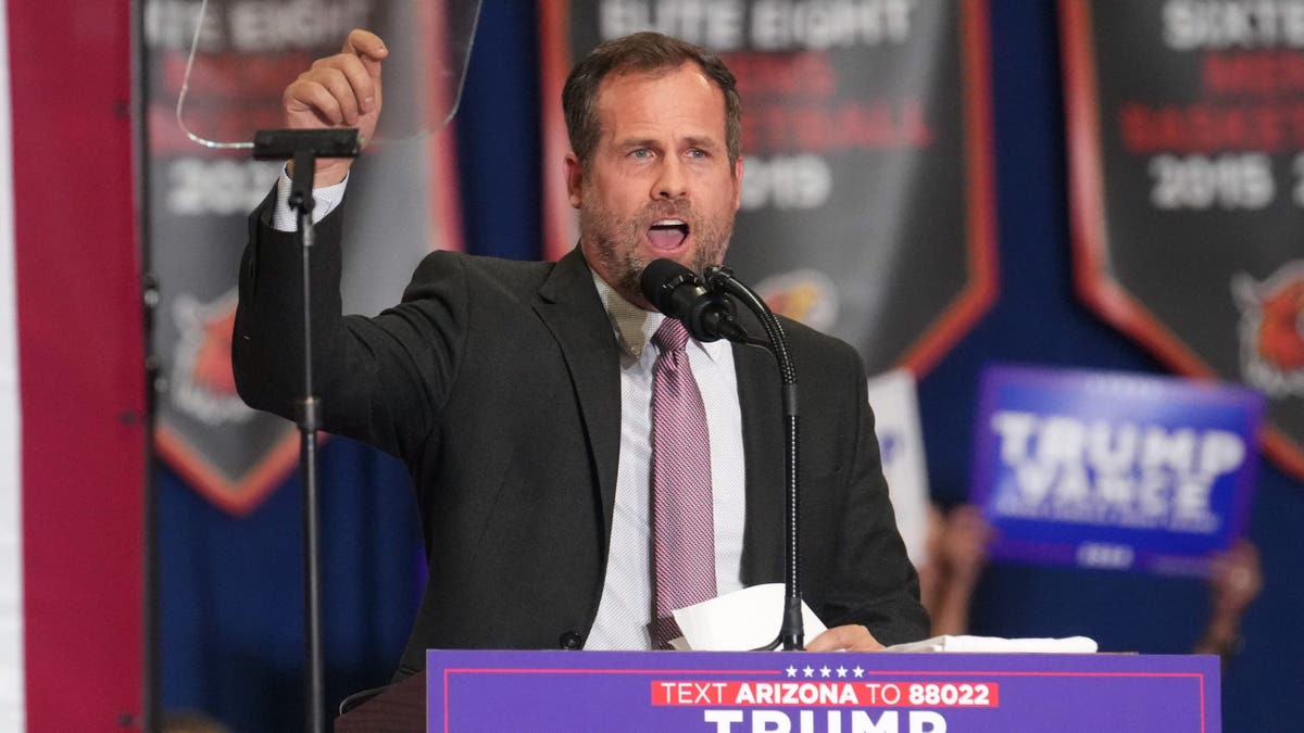 Arizona Senate President Warren Petersen speaks during a rally for vice presidential nominee JD Vance at Arizona Christian University on July 31, 2024.