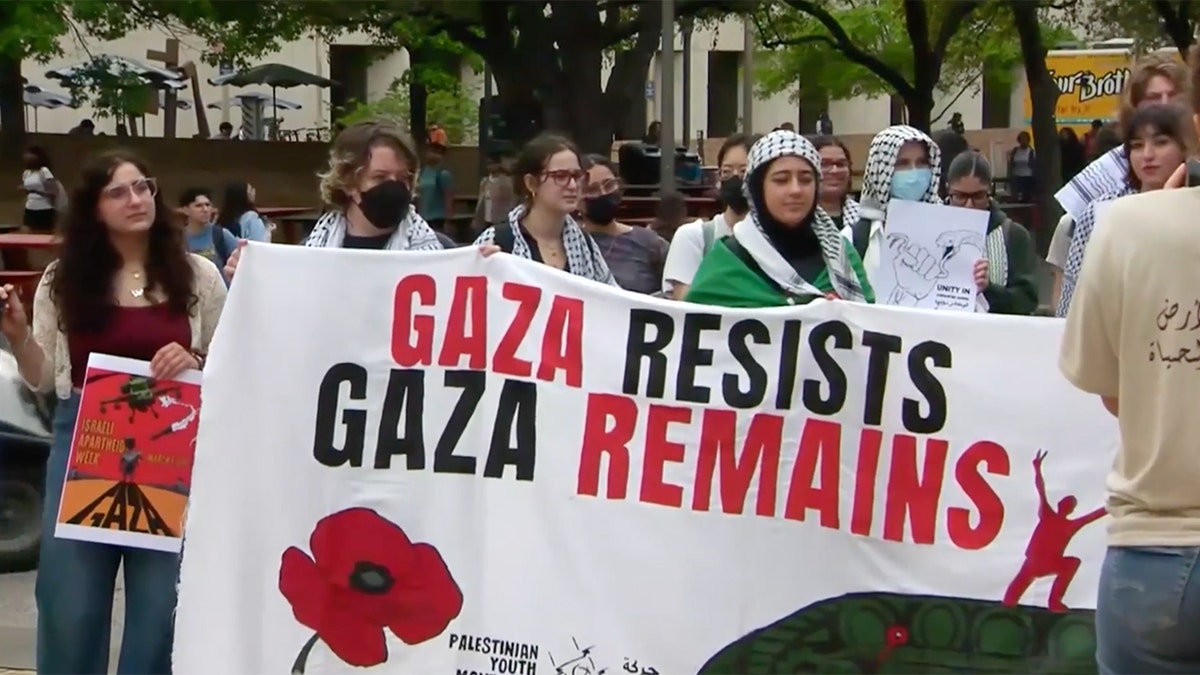 Pro-Gaza demonstrators with sign