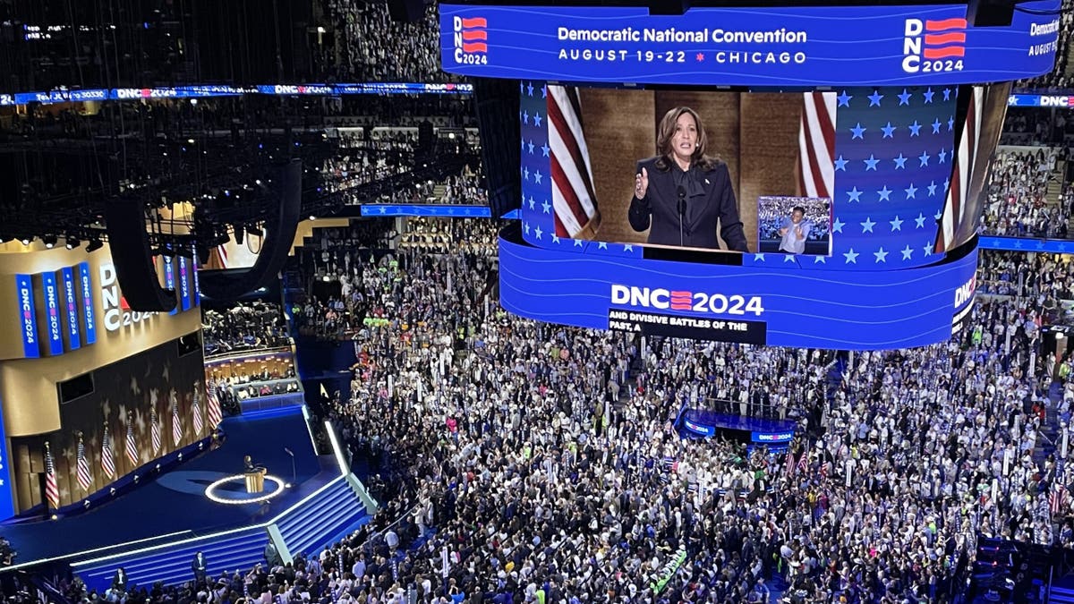 Then-Vice President Kamala Harris delivers her presidential nomination acceptance speech at the Democratic National Convention on Aug. 22, 2024, in Chicago. The latest public opinion polls indicate the Democratic Party sinking to new favorability lows. (Fox News - Paul Steinhauser)
