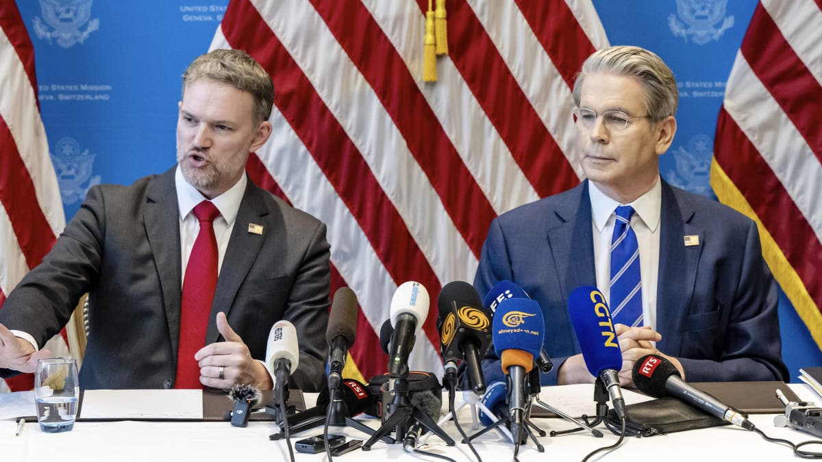 U.S. Trade Representative Jamieson Greer, left, and Secretary of the Treasury Scott Bessent take part in a press conference after two days of closed-door discussions on trade between the U.S. and China in Geneva on Monday.