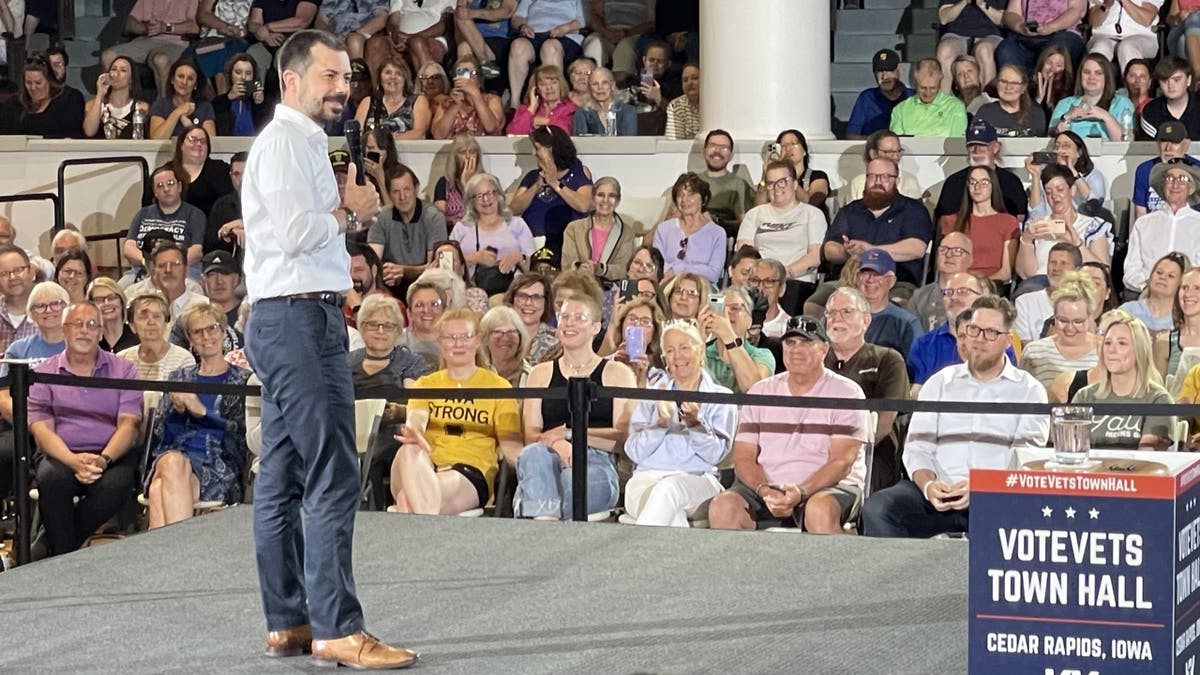 Former Transportation Secretary Pete Buttigieg headlines a veterans' town hall in Cedar Rapids, Iowa on May 13, 2025. Buttigieg's appearance sparked speculation he may make another presidential run in 2028.