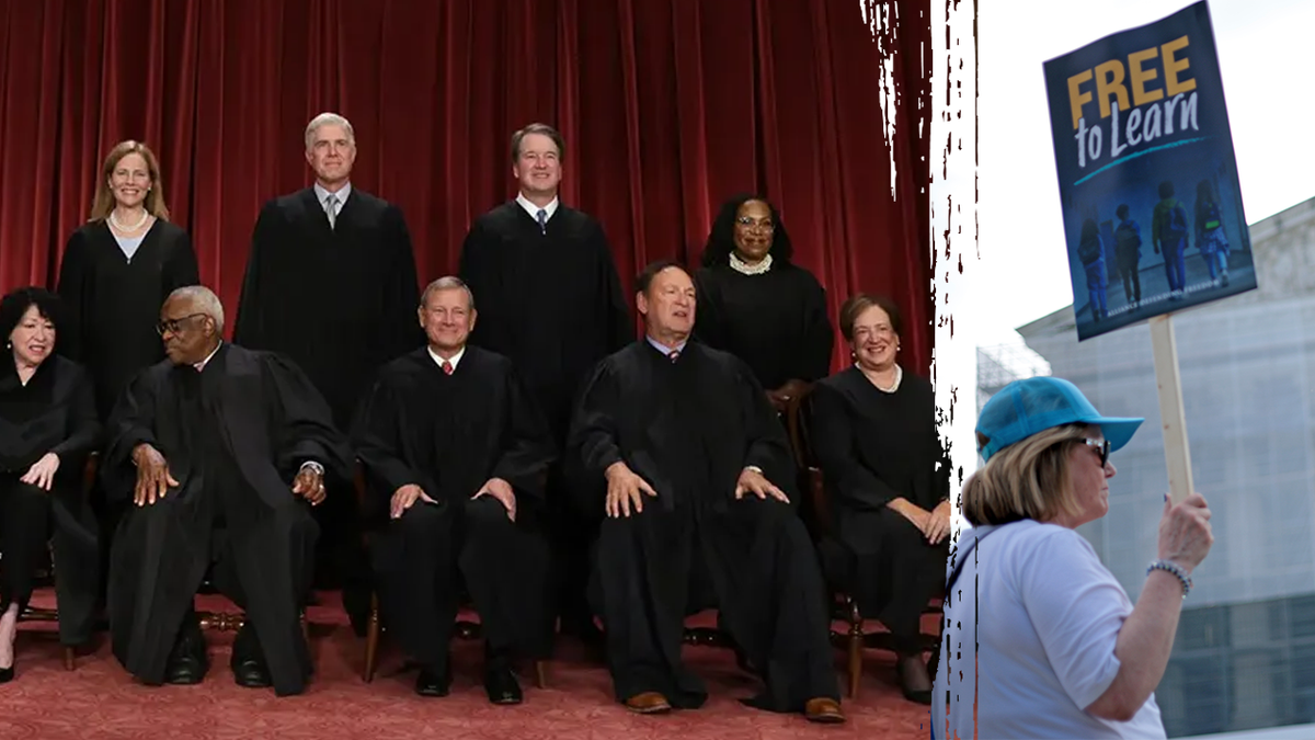 justices of Supreme Court in portrait; protester