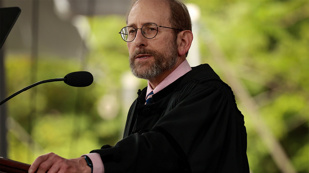 President of Harvard University Alan Garber addresses the crowd during the 373rd Commencement at Harvard University.