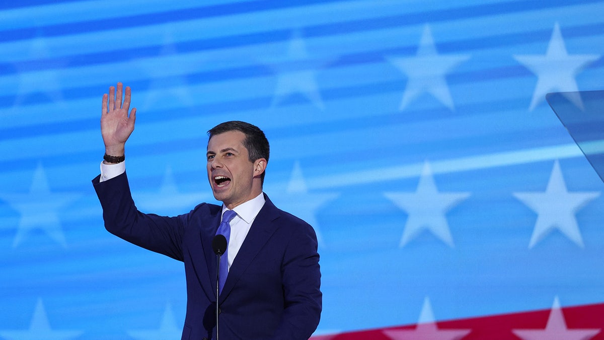 Pete Buttigieg waving at the Democratic National Convention