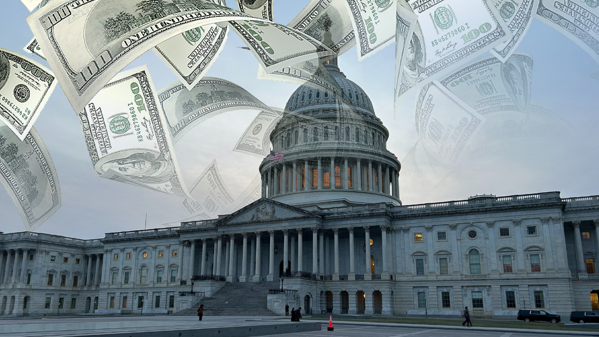falling cash photo illustration with US Capitol building