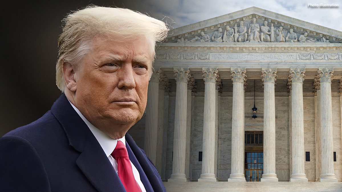 Trump, left; Supreme Court building, right