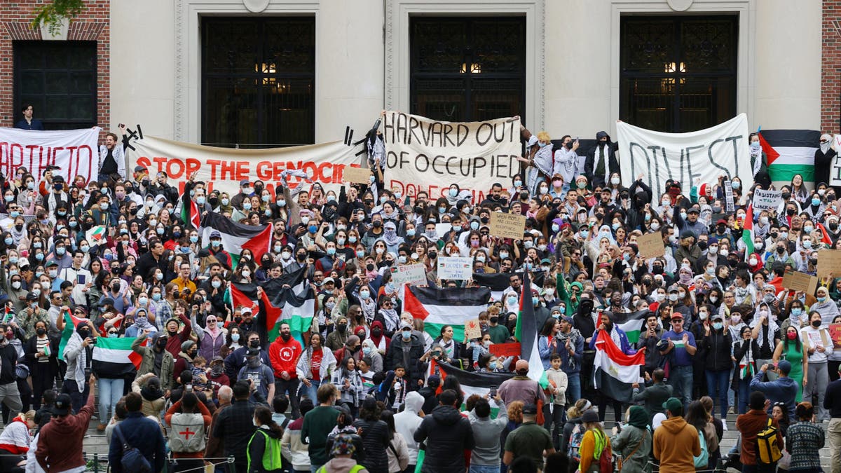 Demonstrators take part in an "Emergency Rally: Stand with Palestinians Under Siege in Gaza," amid the ongoing conflict between Israel and the Palestinian Islamist group Hamas, at Harvard University in Cambridge, Massachusetts, U.S., October 14, 2023. 