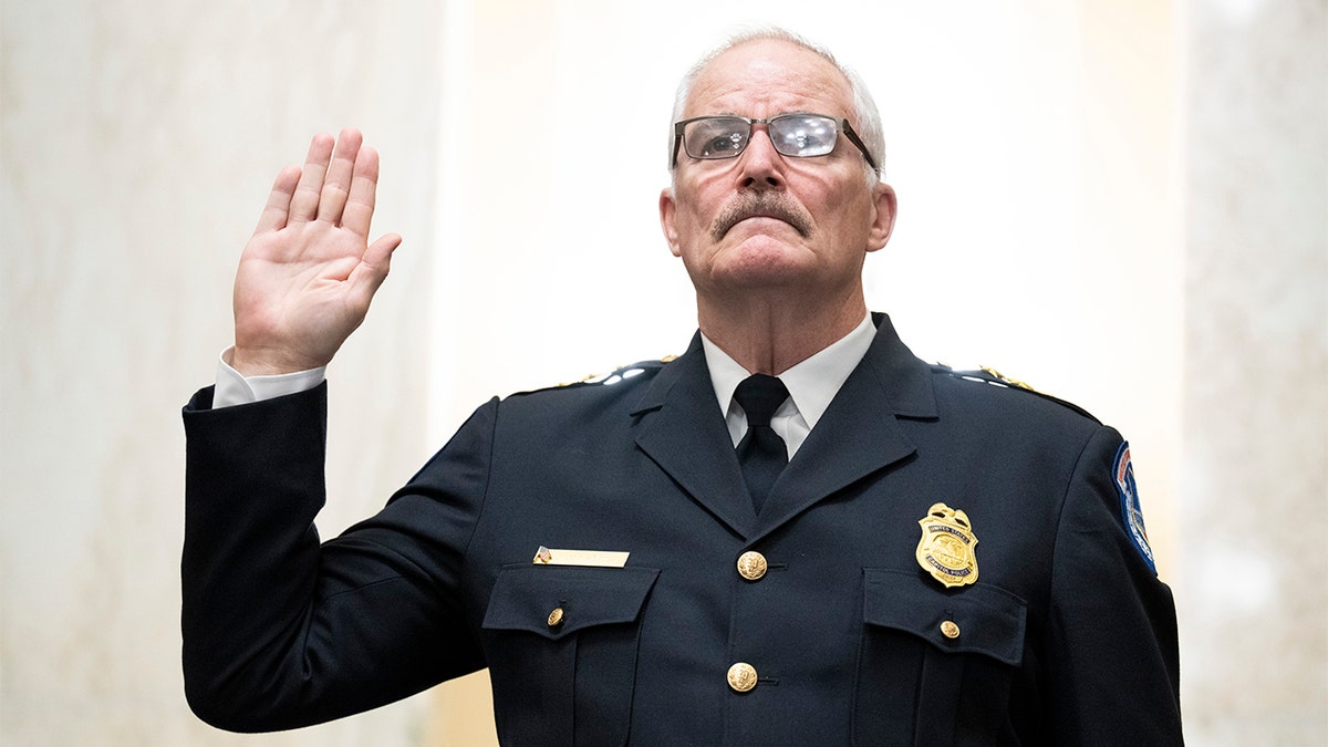 U.S. Capitol Police Chief Tom Manger is sworn in to testify before a Senate Rules and Administration Committee oversight hearing on the Jan. 6, 2021, attack on the Capitol on Wednesday, Jan. 5, 2022, in Washington. Manger has sounded off on President Donald Trump’s pardons of the Jan. 6 defendants.