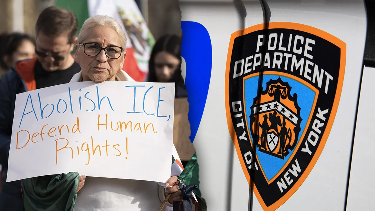 anti-ICE demonstrator with sign, left; NYPD logo, right