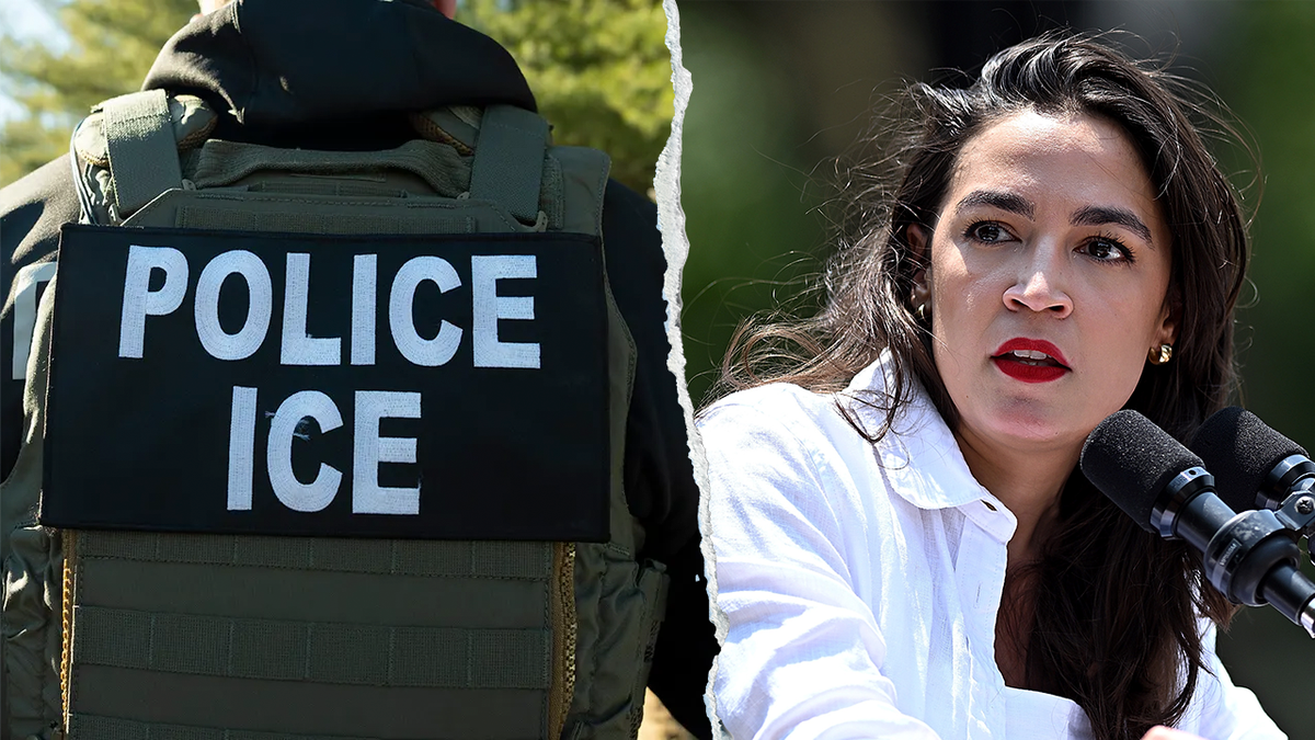 ICE officer seen from behind, left; AOC, right