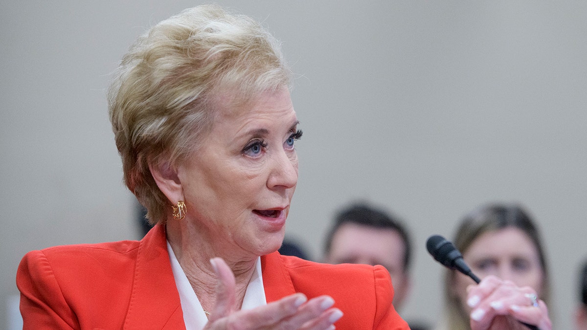 Secretary of Education Linda McMahon testifies before a House Committee on Appropriations' subcommittee budget hearing on the Department of Education on Capitol Hill, Wednesday.