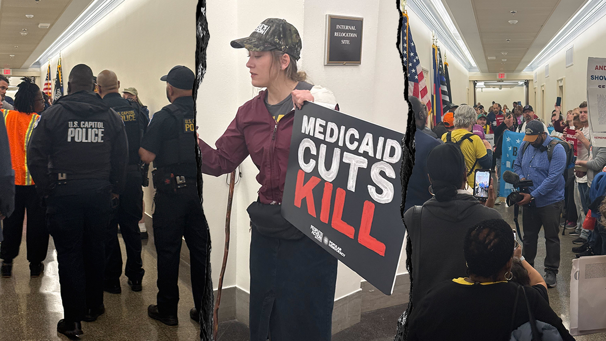 woman in ball cap with Medicaid Cuts Kill sign in hallway