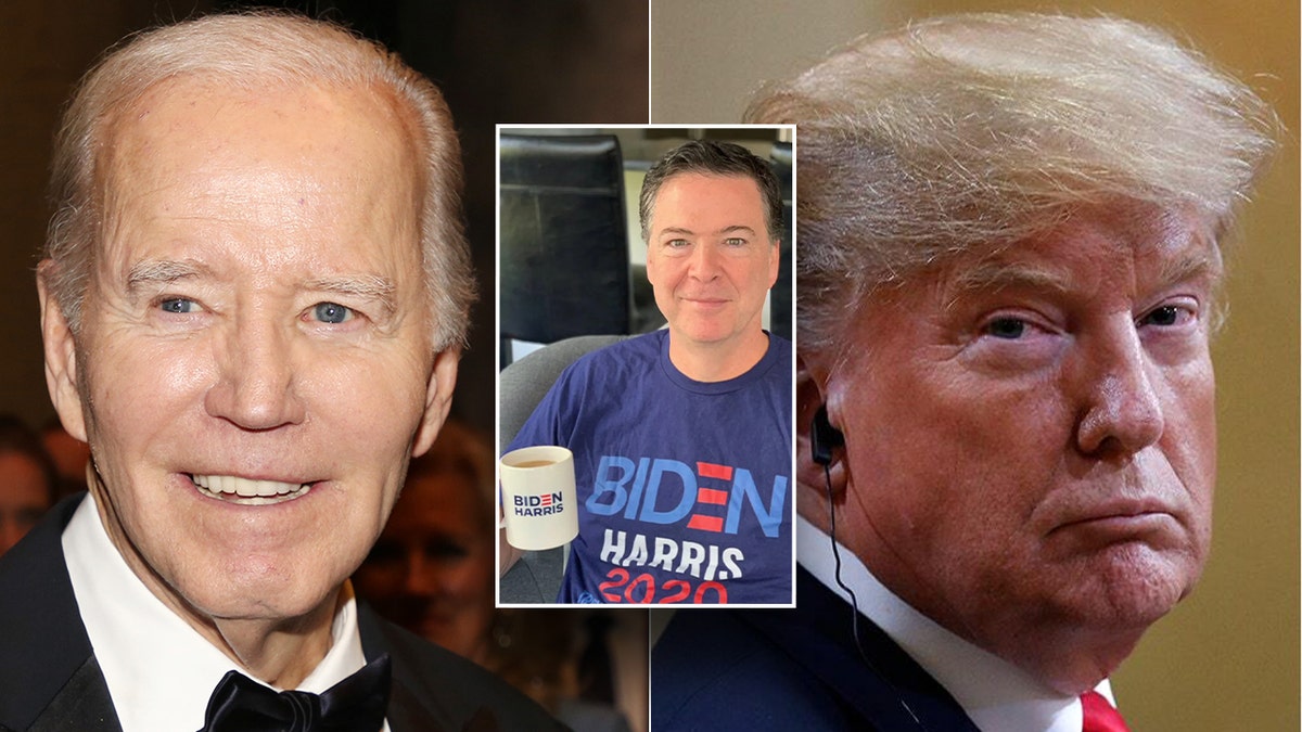 Biden and Trump, left and right; Comey in Biden T-shirt, center