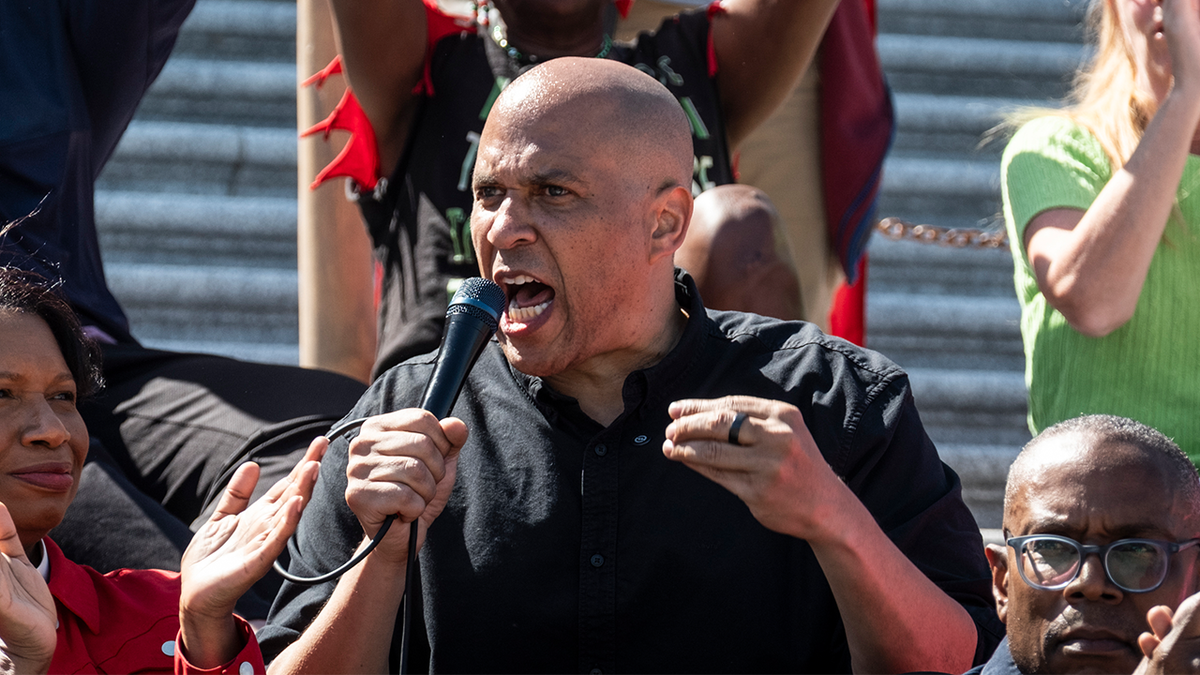 Sen. Booker yelling into microphone at outdoor rally
