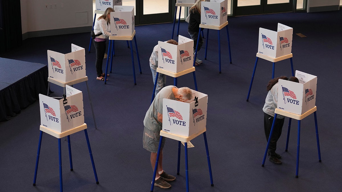 Voters cast their ballots at individual voting booths spaced out inside a polling place, each booth marked with an American flag and the word 