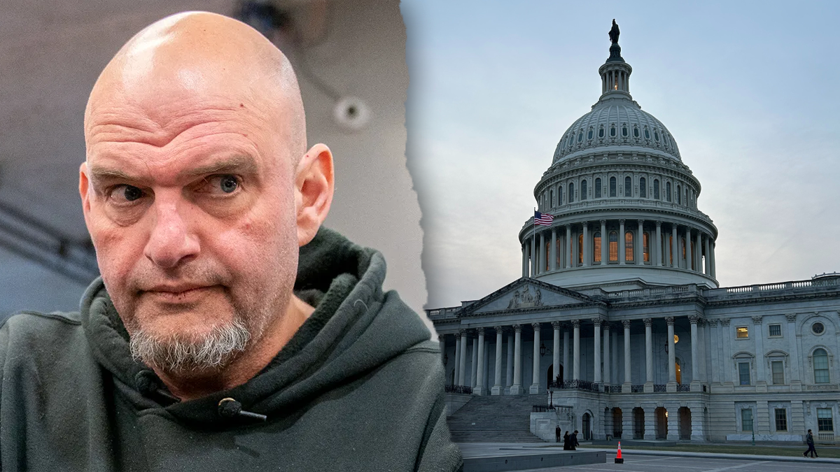 Sen. Fetterman, left; US Capitol, right
