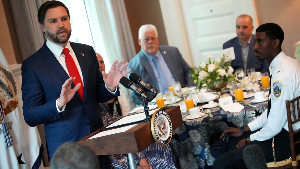 Vice President JD Vance speaks during a National Police Week breakfast at the vice president's residence, May 14, 2025, in Washington, D.C.