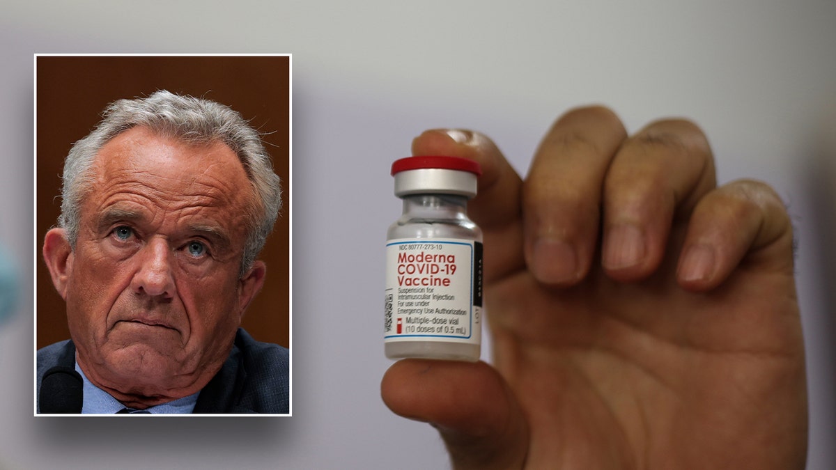 RFK Jr, inset left; hand holding vaccine vial, right