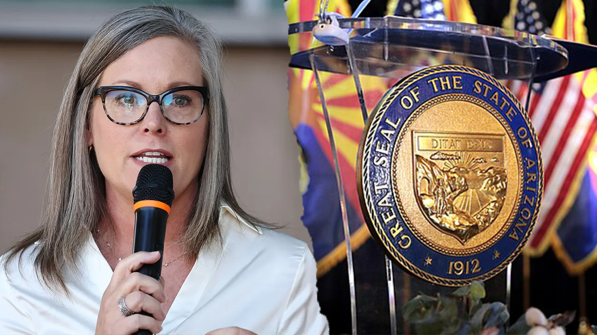Katie Hobbs holding microphone, left; Arizona seal, right