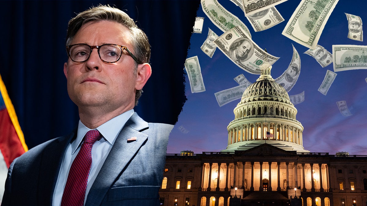 Speaker Mike Johnson, left; Capitol cash photo illustration, right