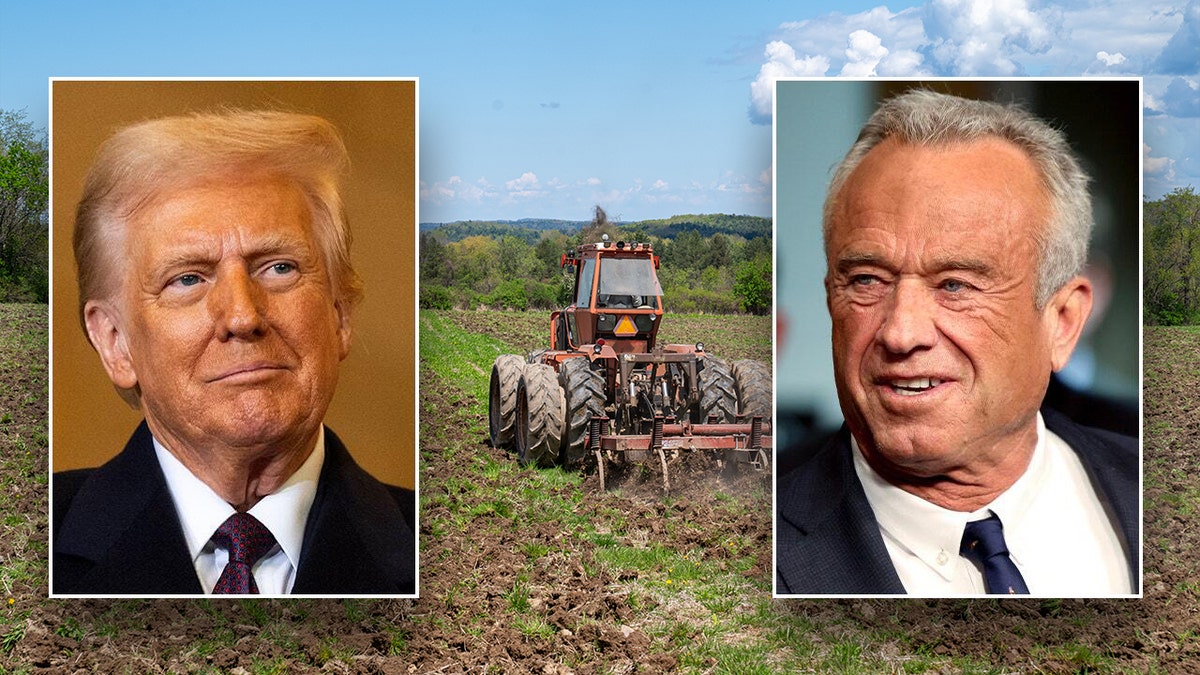 tractor in field, background; insets on left, right of Trump, RFK Jr.
